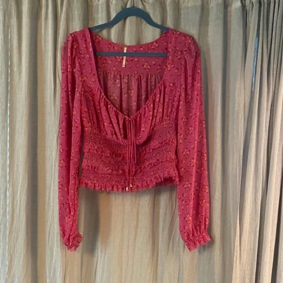 Free People Pink Peasant Top Smocked size S - Picture 6 of 8